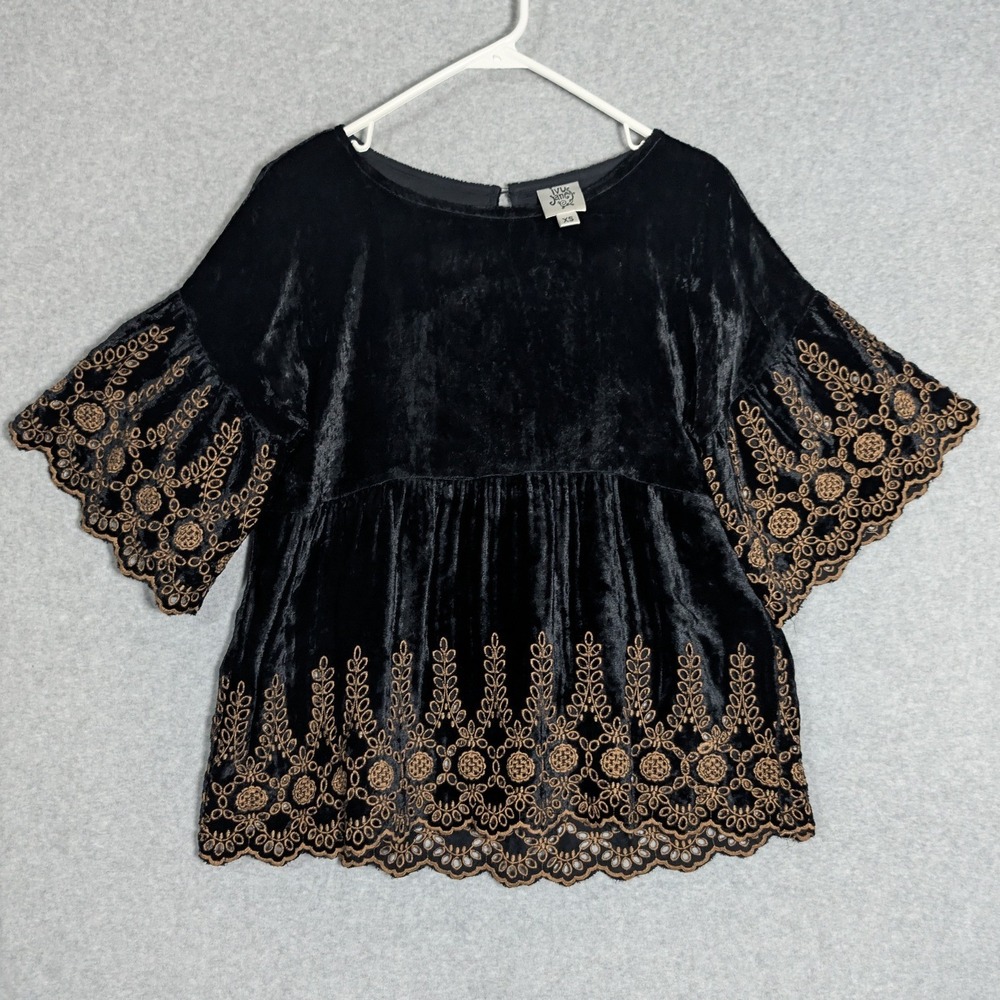 Ivy Jane Embroidered Babydoll Top‎ Womens XS Gold Eyelet Velvet Witchy Romantic